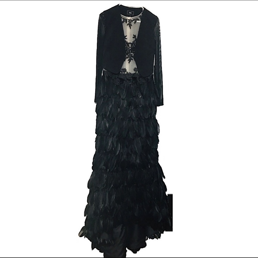 Feather Long Maxi Prom Embellished Gown Dress - Picture 12 of 12